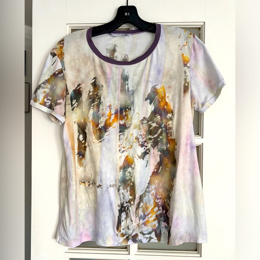 Nina Ricci Watercolor Tie Dye Abstract Short Sleeve T-Shirt White Ringer Tee